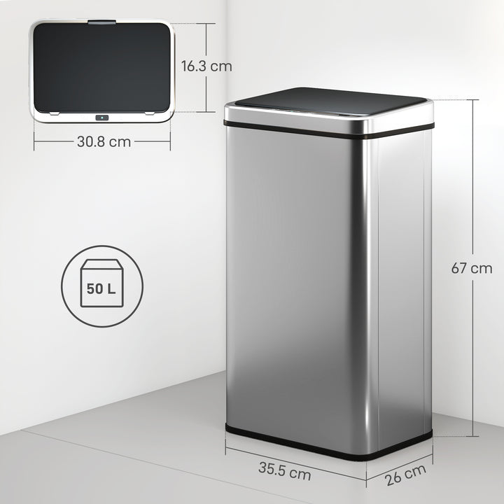 MCL 50L Sensor Bin with Quiet Soft-Close Lid, Automatic Touchless Motion Sensor Kitchen Bin with Fingerprint Resistant Stainless Steel for Hygienic Gyms, Home Office Use, Silver Tone