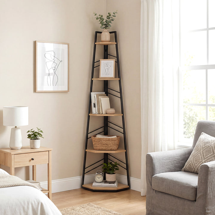 Corner Bookcase, 5-Tier Floor Standing Bookshelf, Shelving Unit for Li