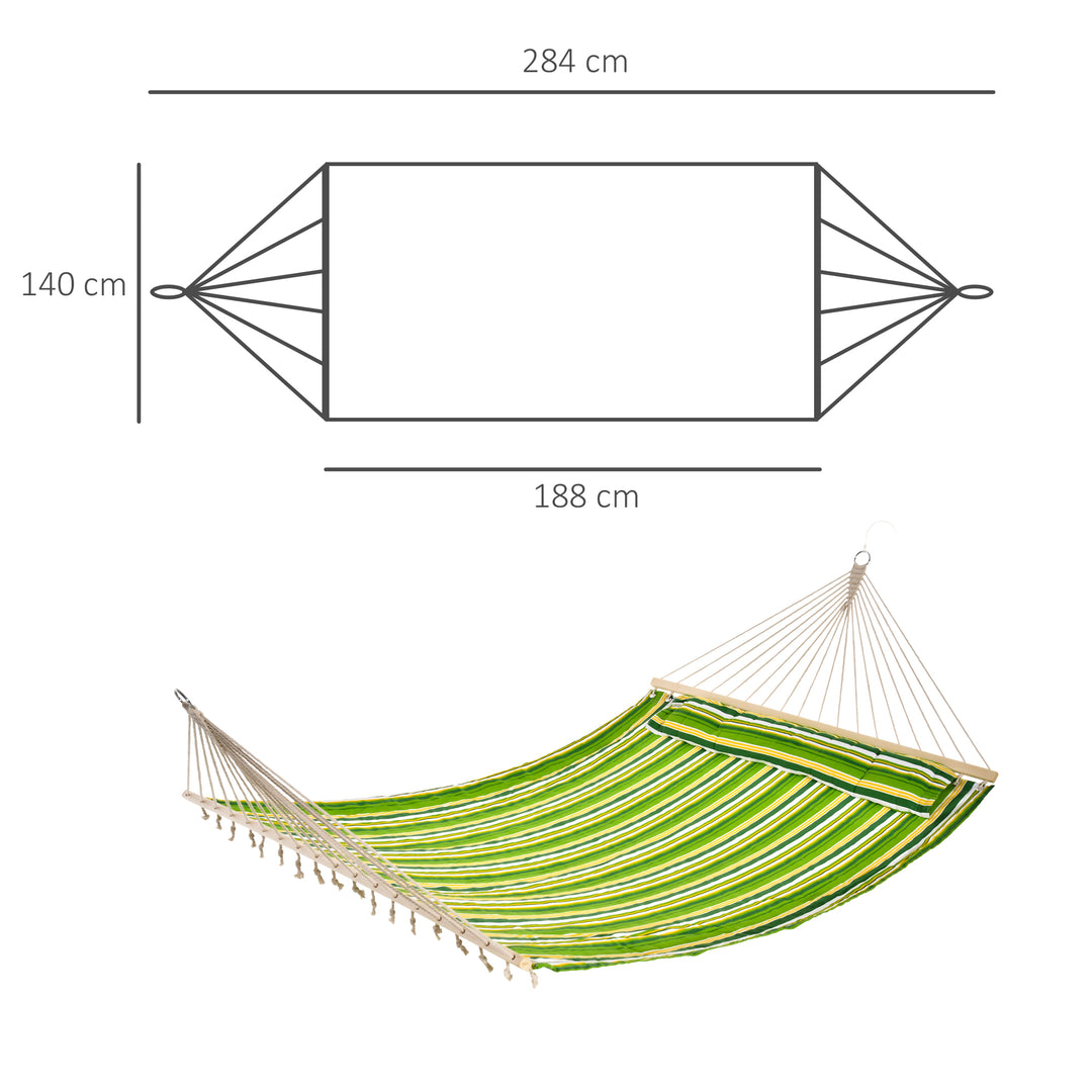 Double Cotton Hammock Camping Swing Outdoor Garden Beach Stripe Hanging Bed with Pillow, 188 x 140 cm, 180 KG Capacity, Green