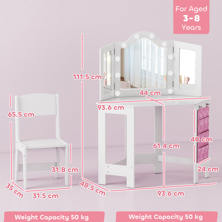 MCL Kids Dressing Table and Stool Set, Girls Vanity Table with 2-Colour LED Lights, Tri-Folding Mirror, White