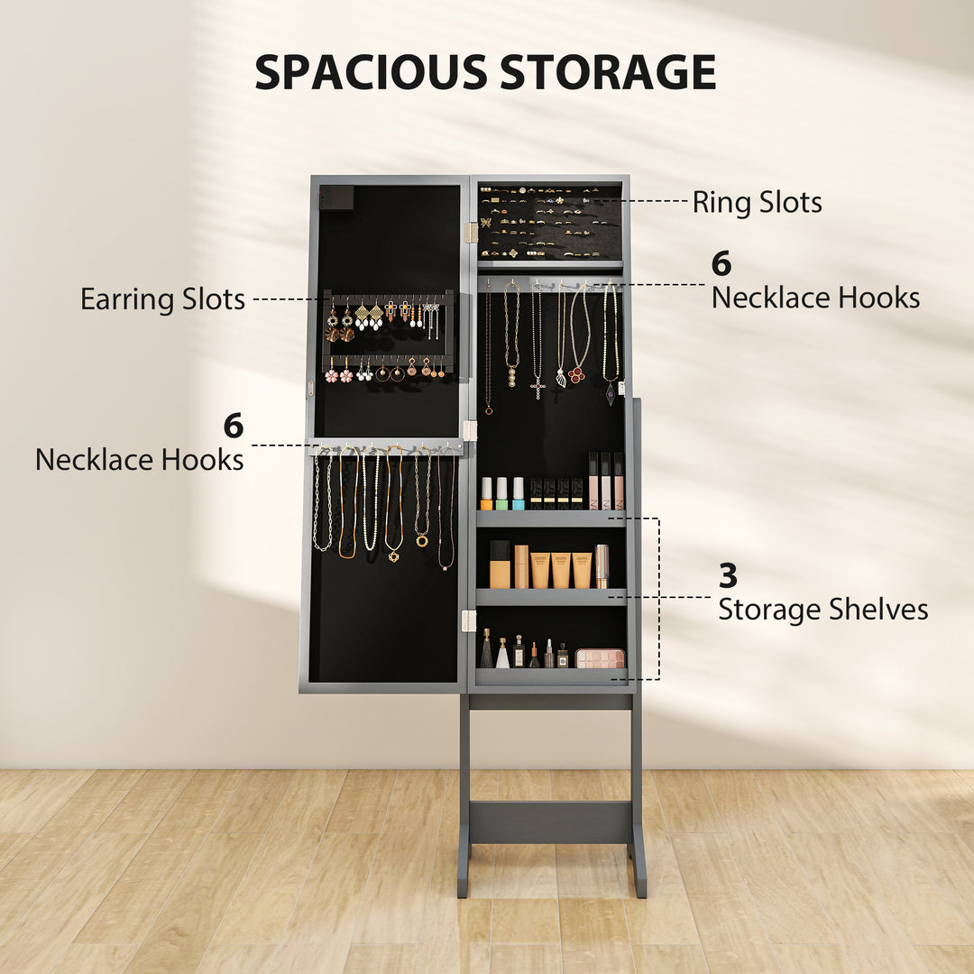 Freestanding Mirror Jewelry Cabinet with LED Lights, Jewellery Organiser with 3 Angle Adjustable, Full-Length Mirror with Storage for Earrings, Necklaces, Rings and Lipsticks, Grey