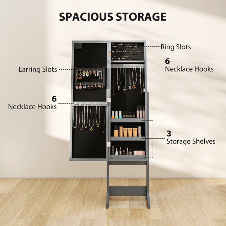 Freestanding Mirror Jewelry Cabinet with LED Lights, Jewellery Organiser with 3 Angle Adjustable, Full-Length Mirror with Storage for Earrings, Necklaces, Rings and Lipsticks, Grey