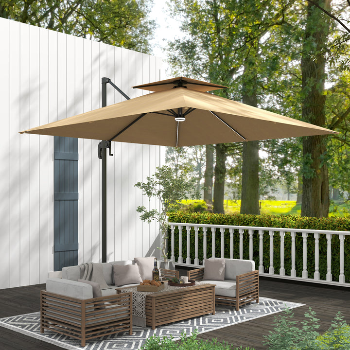 2.5m Cantilever Parasol with Solar Powered LED Lights, 360° Rotation, Tilt Adjustment, Crank Handle, Khaki
