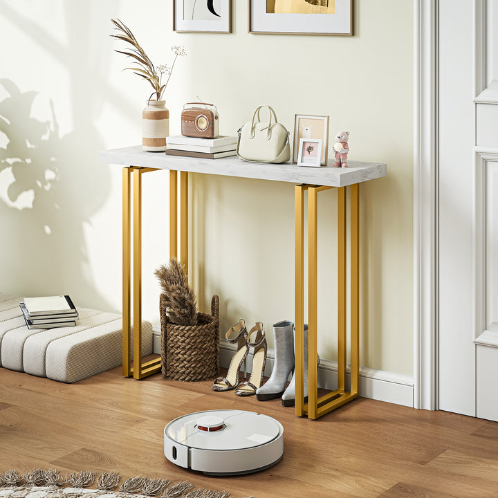 100 cm Console Table with Faux Marble Top, Narrow Entryway Table with Anti-tipping Device