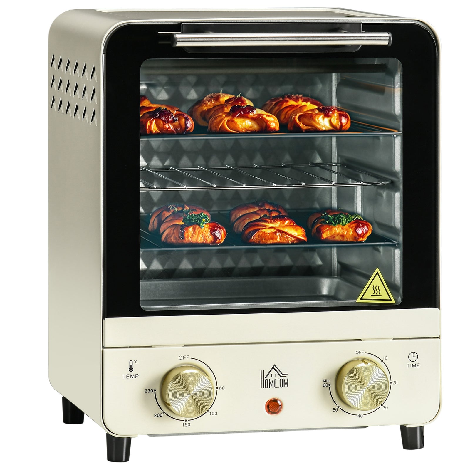 Mini Oven, 15 Litres Electric Oven and Grill with 60-230℃ Adjustable Temperature, 60 Minute Timer, Include Baking Tray, Wire Rack and Crumb Tray, 1000W, Cream White
