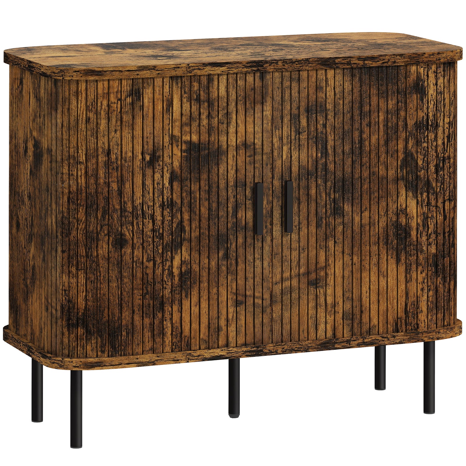 Mid-Century Modern Sideboard Storage Cabinet with Slatted Tambour Sliding Doors, Kitchen Cabinet with Steel Legs, Rustic Brown