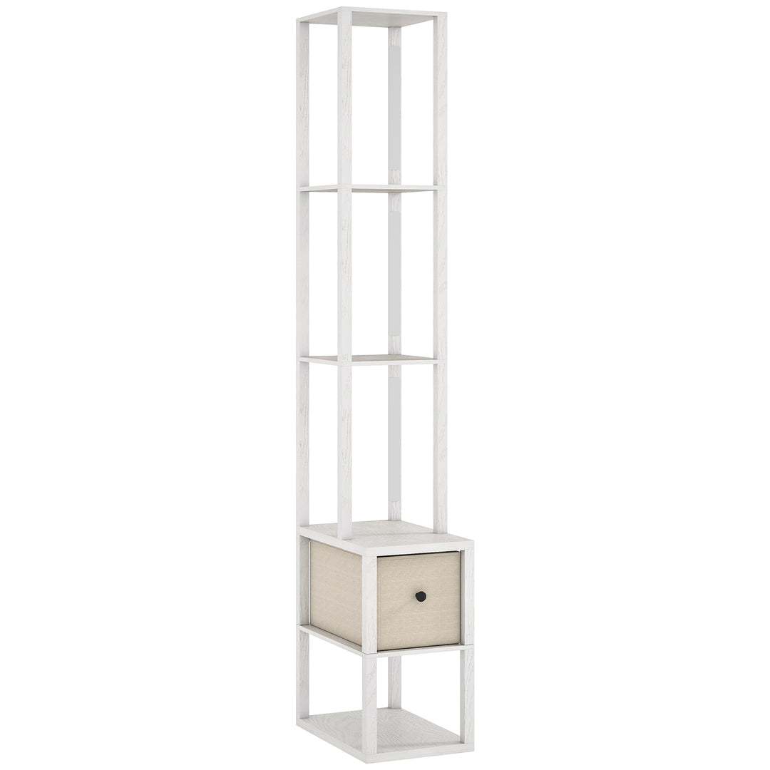 Floor Lamp with Shelves, LED Column Modern Standing Lamp with Fabric Drawer, Adjustable Brightness, Foot Switch for Living Room, Bedroom, Office, White