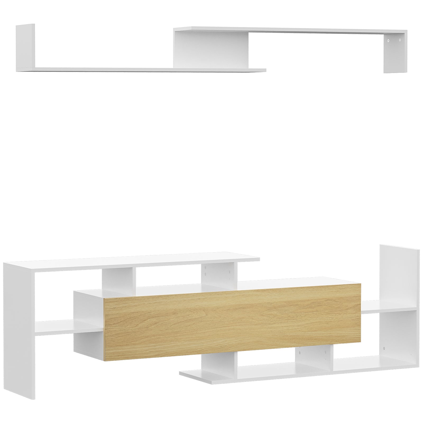 TV Cabinet with Wall Shelf for Wall-Mounted 65" TVs or Standing 40" TVs - White and Natural