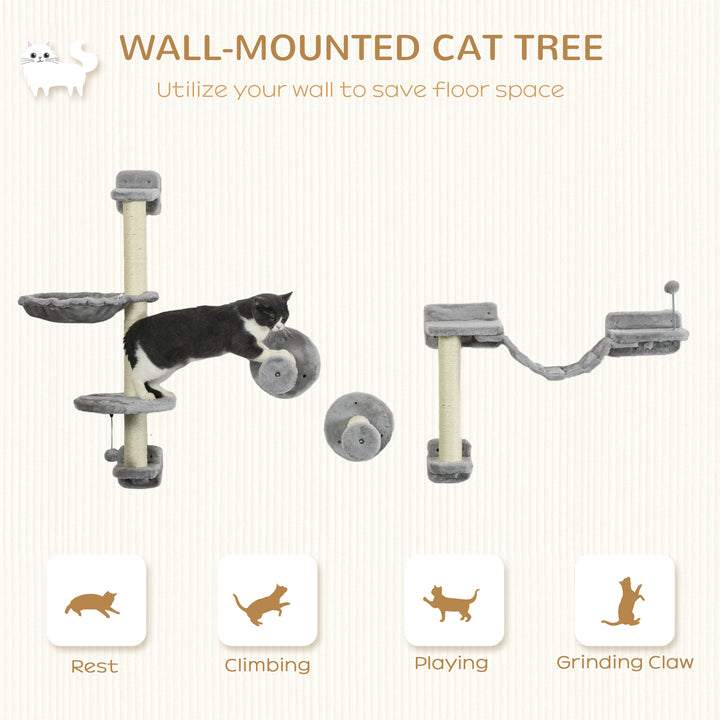 PawHut Cat Shelves Fit Cat Up to 5kg, 4-Piece Set with Hammock, Perches, Ladder, Scratching Post, Safe for Cats to Play, Grey | Aosom UK