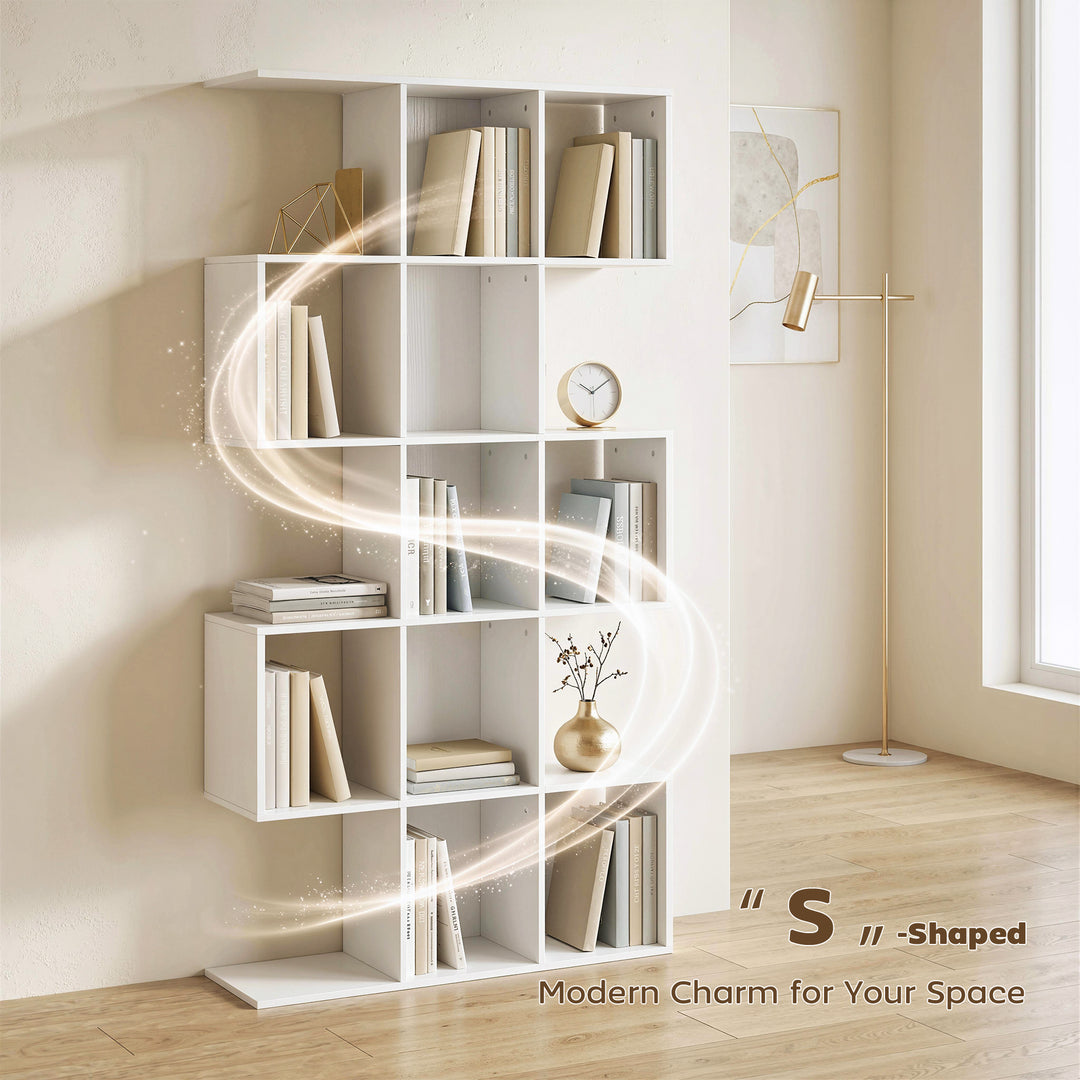 5-Tier Bookshelf, S Shaped Geometric Bookcase with 15 Compartments, Wh