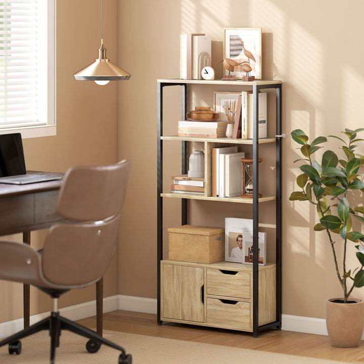 4-Tier Bookcase, Bookshelf with 1 Cabinet and 2 Drawers for Living Roo