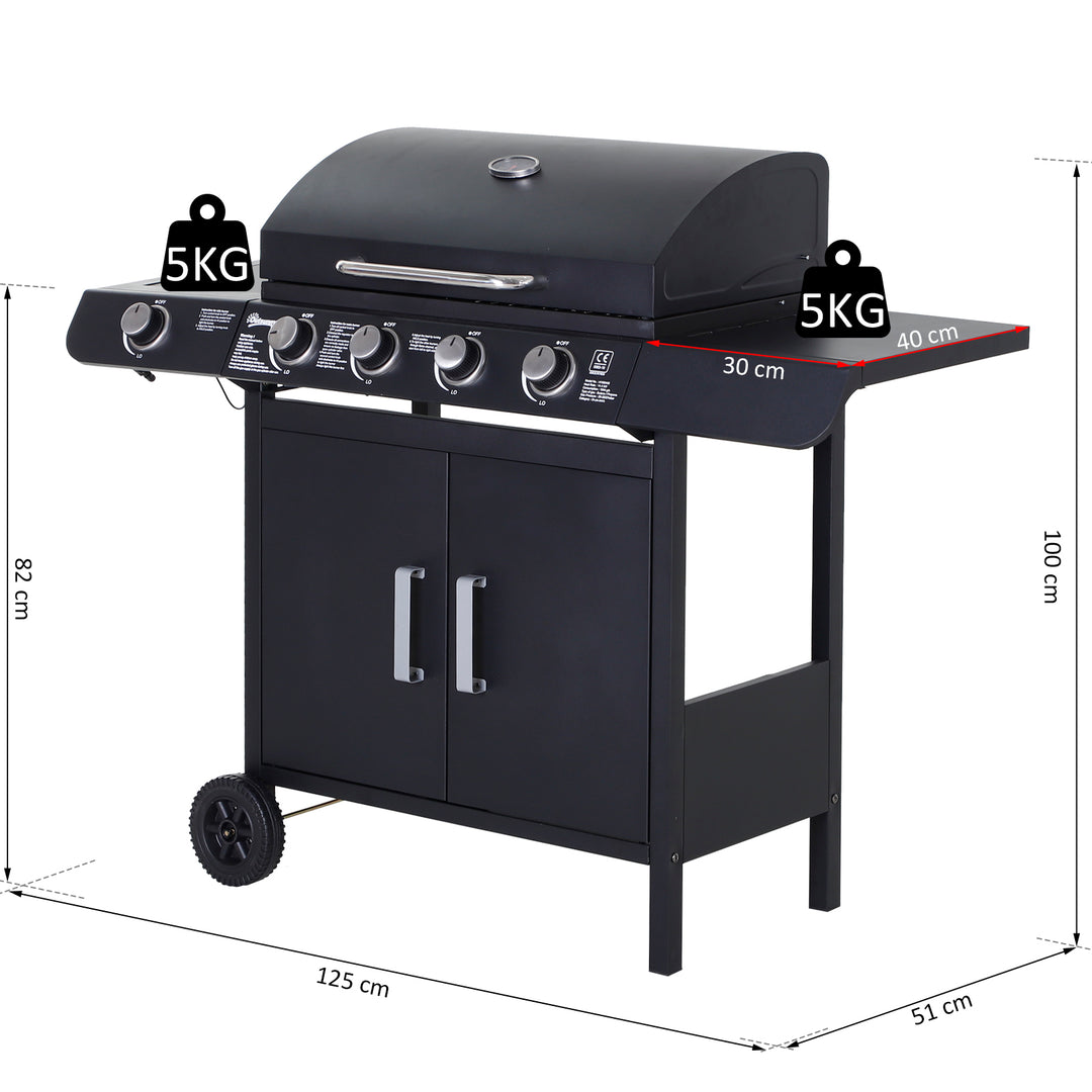 4+1 Burner Gas BBQ Grill, Outdoor Barbecue Trolley with Wheels, Warming Rack, Side Shelves, Cabinet, Thermometer for Garden, Party, Camping, 125 L x 51 W x 100 H cm, Black