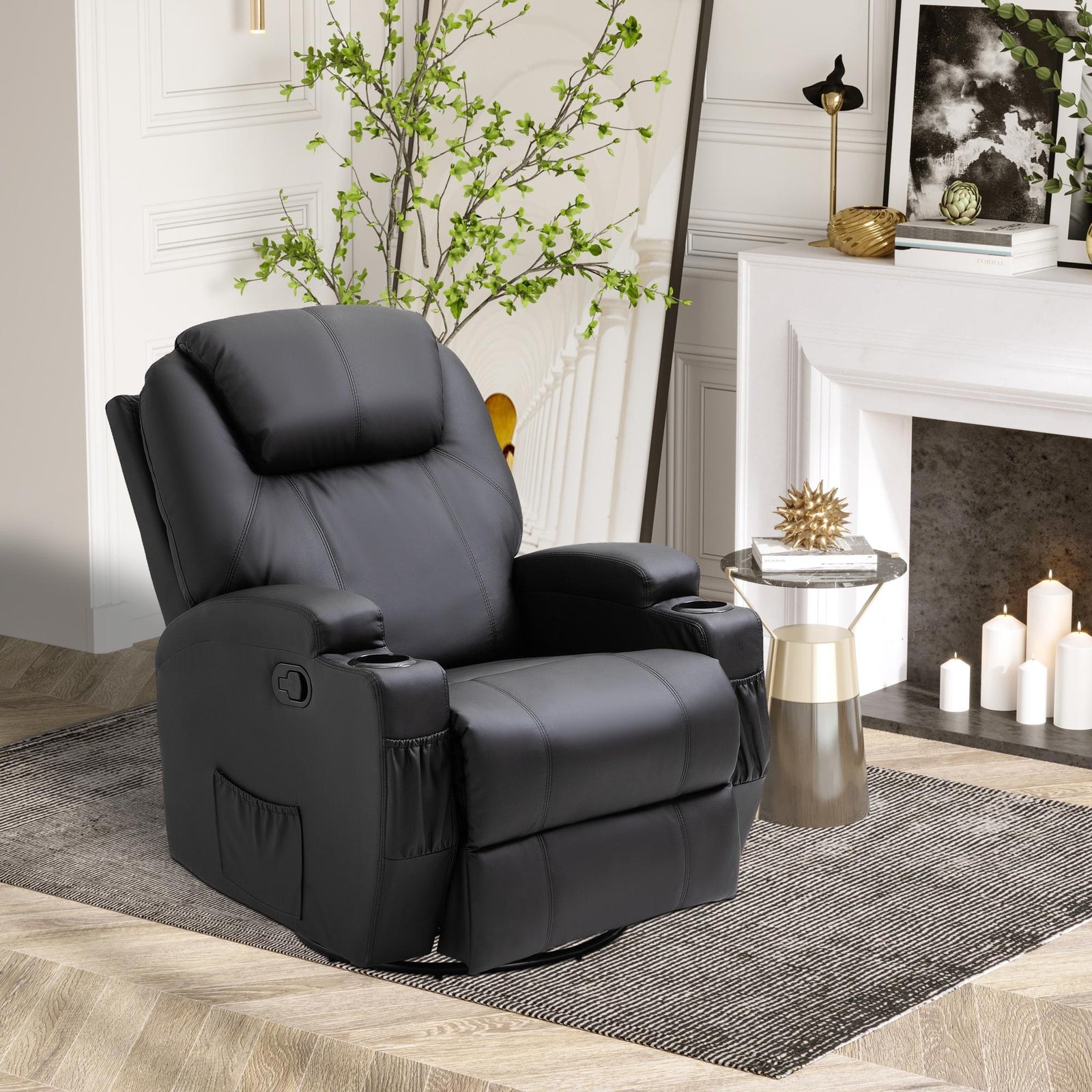 Recliner Chair, Recliner Massage Rocker Chair with 360° Rotate, 165° Reclining Function, Adjustable Footrest, Swivel Armchair Single Sofa for Living Room with Drink Holders, Side Pockets, Black