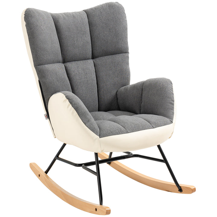 HOMCOM Rocking Chair for Nursery, Upholstered Wingback Armchair with Steel and Wood Legs for Living Room, Bedroom, Balcony, Grey and Cream | Aosom UK