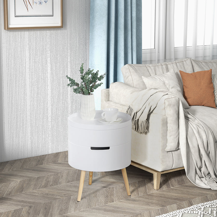 3-Tier Coffee Table, Round End Table with 2 Hidden Compartments and Detachable Tray, Side Table with Storage for Living Room, White