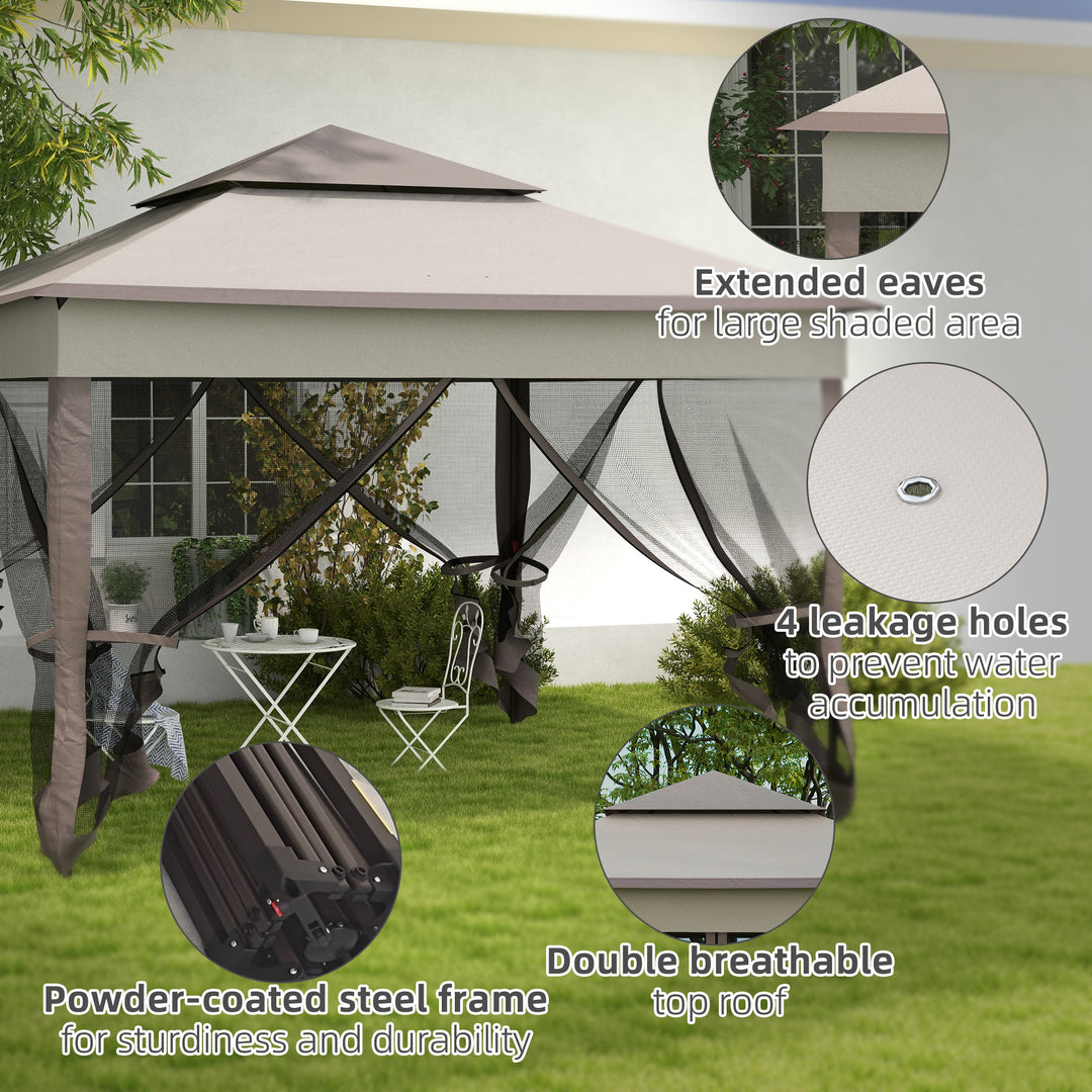 3.25 x 3.25m Pop Up Gazebo, Double-roof Garden Tent with Netting and Carry Bag, Party Event Shelter for Outdoor Patio, Brown and Grey