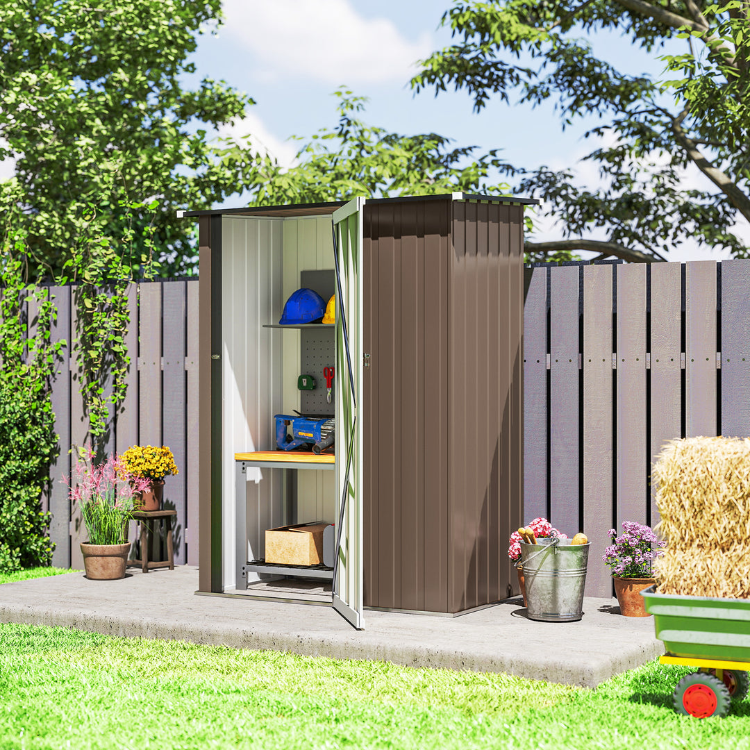 5ft x 3ft Metal Garden Storage Shed, Outdoor Tool Shed with Sloped Roof, Lockable Door for Tools, Equipment, Brown