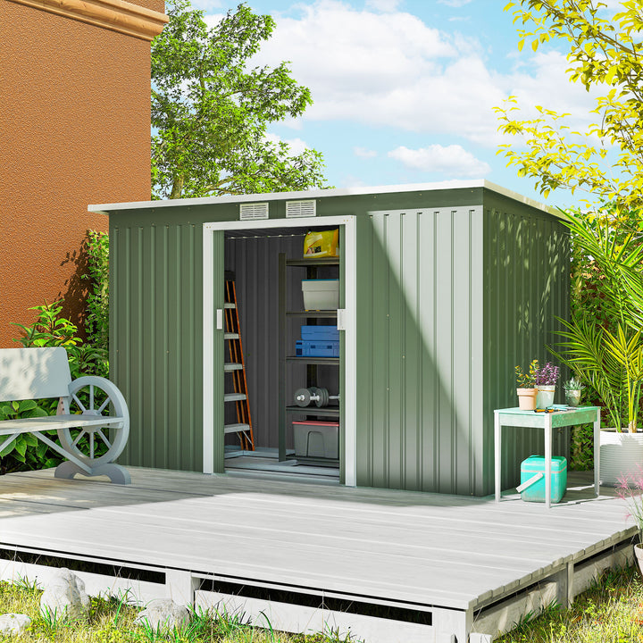 MCL 9ft x 4ft Metal Garden Shed, Outdoor Tool House with Foundation Kit, Ventilations and Double Doors, Light Green