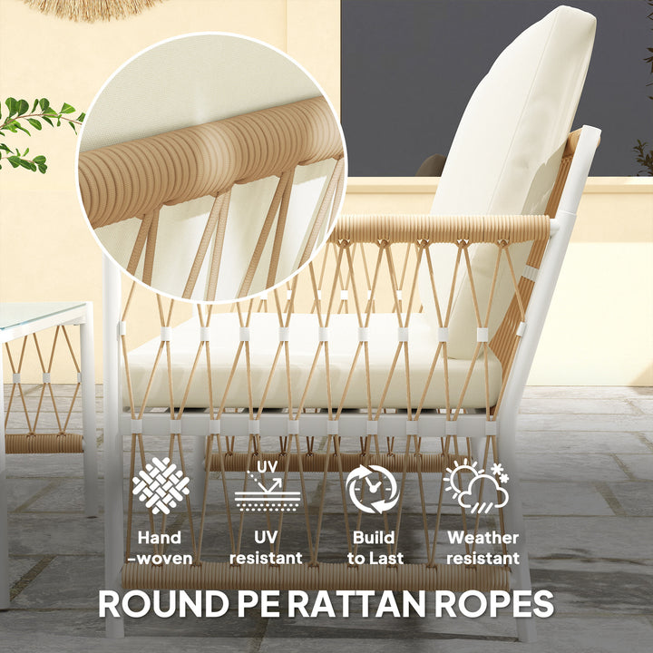 4 Piece Rattan Garden Furniture Set, 4 Seater Wicker Patio Conversation Set with 2 Armchairs, Loveseat, Glass Top Coffee Table and Cushions for Outdoor, Balcony, Khaki