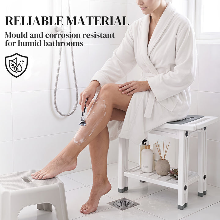 Shower Bench 2-Tier Shower Stool Bathroom with Shelf White and Grey