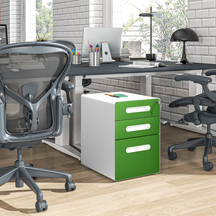 3 Drawer Filing Cabinet, Steel Lockable File Cabinet with Lock and Wheels, for A4, Letter, Legal Sized Files, Green