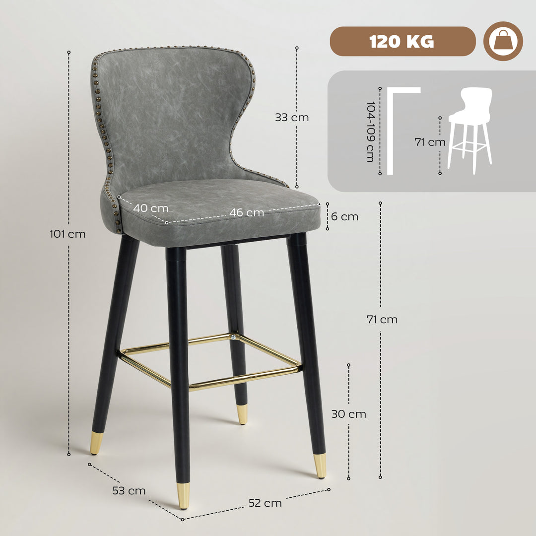 MCL Bar Stools Set of 2, PU Leather Barstools with Back, Footrest and Wood Legs for Kitchen, Counter, Breakfast Bar, Grey