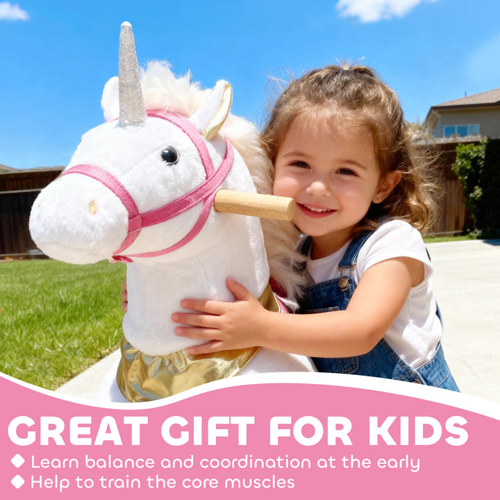 Kids Rocking Horse, Plush Walking Horse with Wheels, Ride On Unicorn Toy for Ages 3-5 Years Old