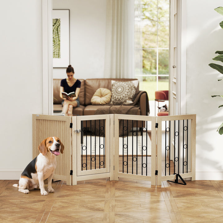 MCL 4 Panel Freestanding Pet Gate, Indoor Dog Barrier with Lockable Door, Support Feet, 360° Flexible Hinges, Oak