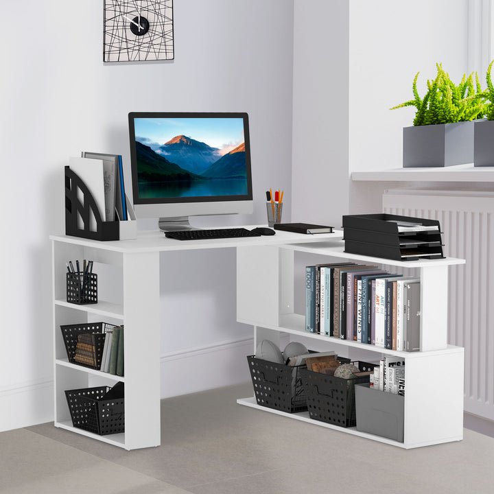 Corner Computer Desk, L Shaped Desk with 360° Rotating Bookshelf, 120L