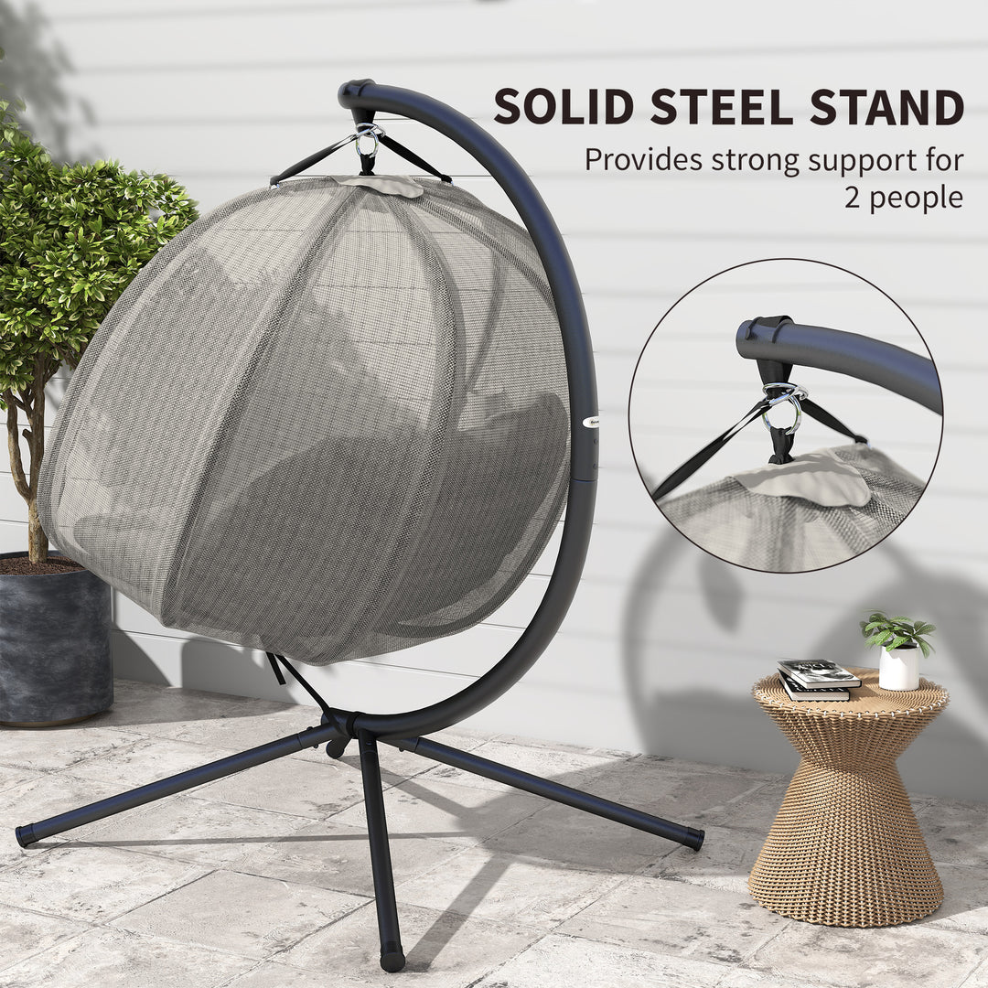 Double Hanging Egg Chair 2 Seaters Texteline Swing Hammock Chair with Stand, Cushion and Folding Design, for Indoor and Outdoor, Brown