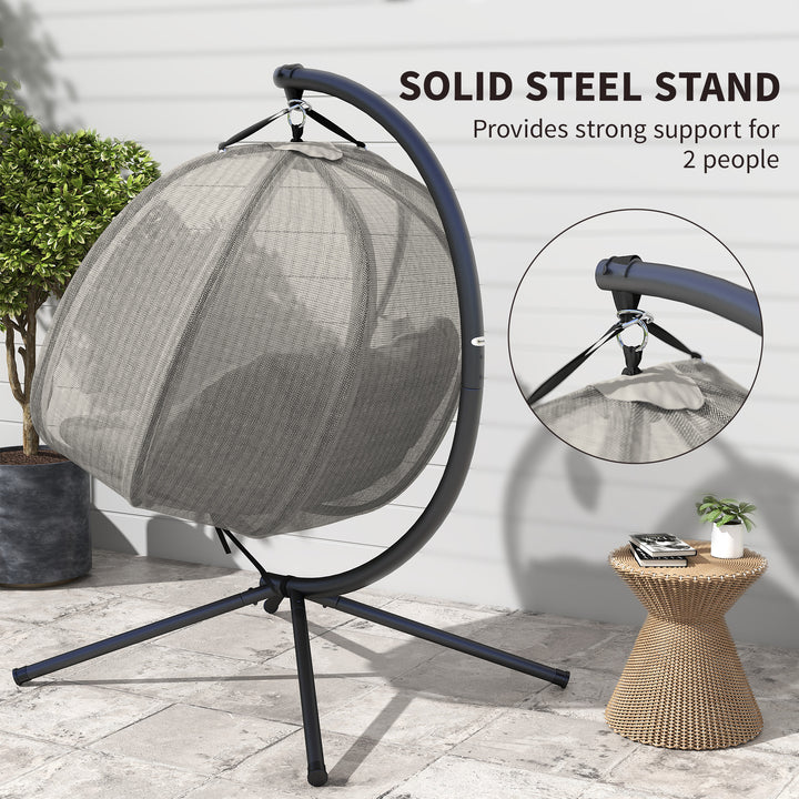 Double Hanging Egg Chair 2 Seaters Texteline Swing Hammock Chair with Stand, Cushion and Folding Design, for Indoor and Outdoor, Brown