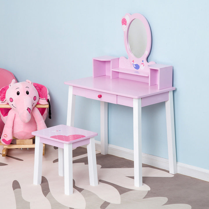 HOMCOM 2 PCS Kids Wooden Dressing Table & Stool Girls Vanity Table Makeup Table Set w/ Mirror Drawers Role Play for Toddlers 3 Year+ | Aosom UK