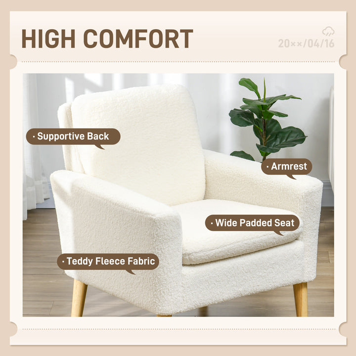 HOMCOM Modern Armchair, Upholstered Accent Chair with Wood Legs and Wide Padded Seat, Teddy Occasional Chair, Cream White | Aosom UK