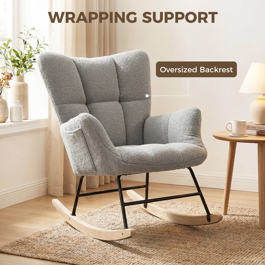 Rocking Chair, Teddy Fleece Rocker Chair with Tufted Wingback, Side Po