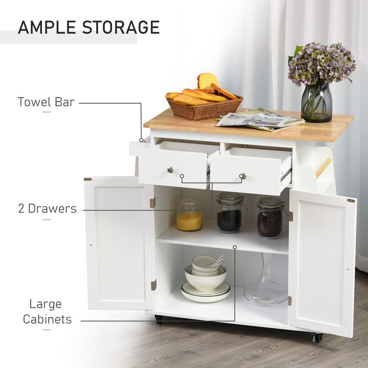 Kitchen Island on Wheels, Mobile Storage Trolley, Rolling Kitchen Cart with Rubber Wood Top, 2-Door Cabinets, 2 Drawers, Adjustable Shelf, 3-Tier Spice Rack, Drawers