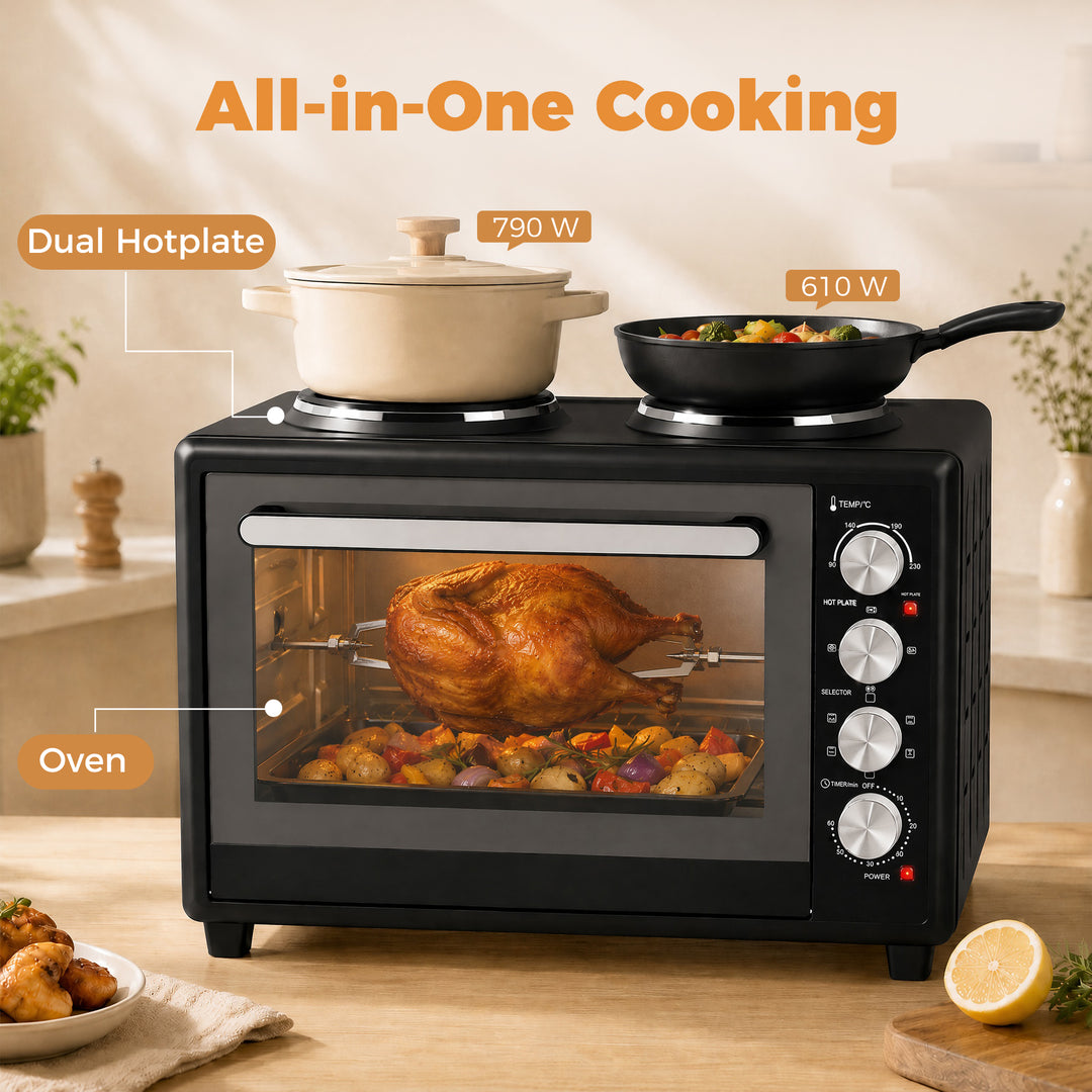 46L Mini Oven with Dual Hot Plates, Electric Countertop Cooker with Co