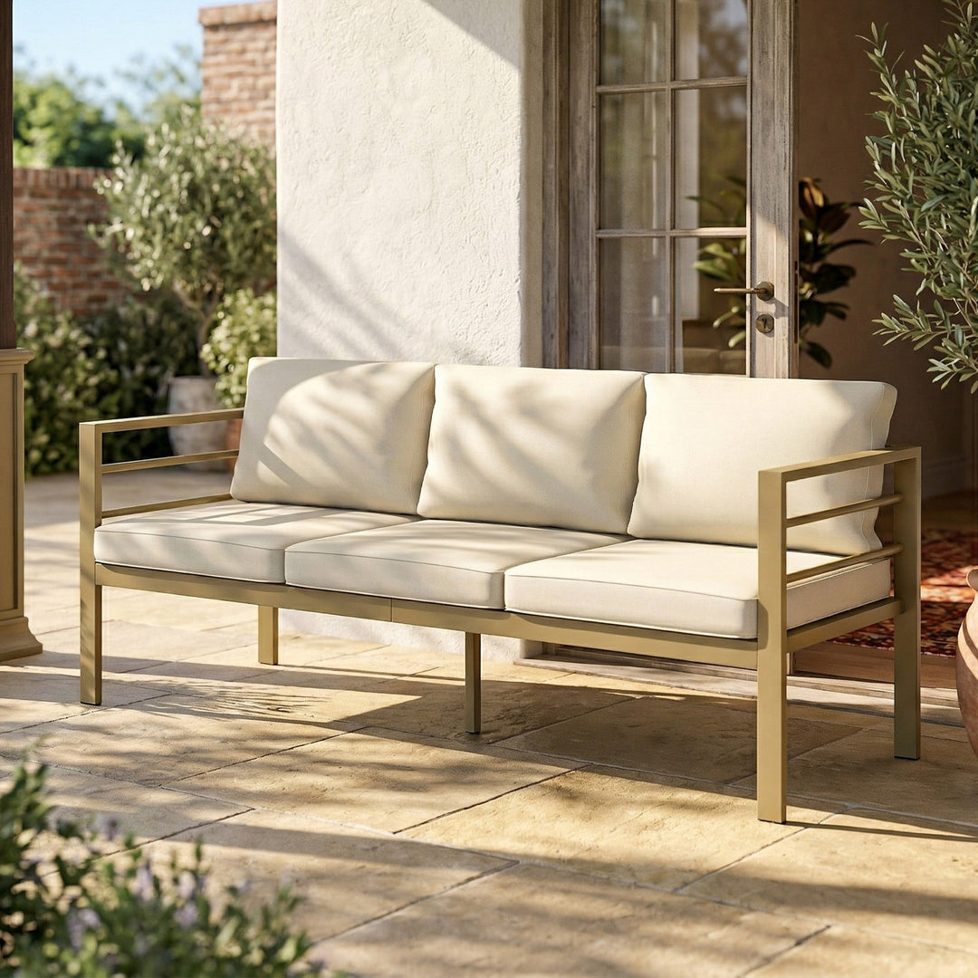 Garden Bench with Cushions, 3-Seater Sofa with Backrest, Armrest and B