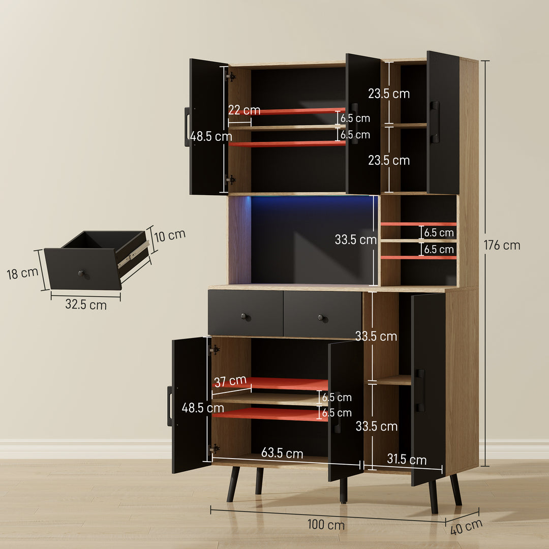 176 cm Kitchen Cupboard with LED Lights - Oak and Black