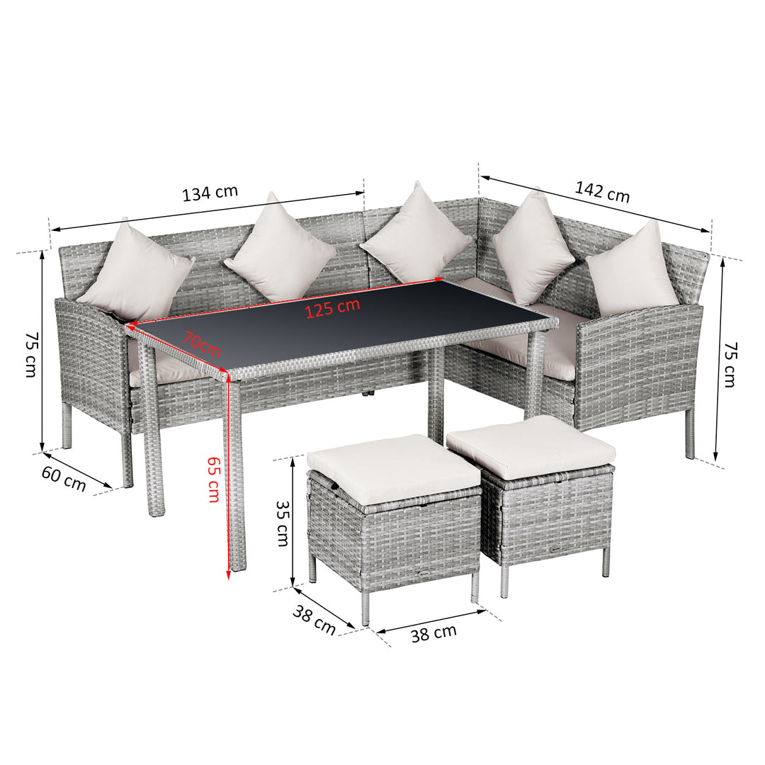 Outsunny 6-Seater Garden Outdoor Patio Rattan Corner Dining Set Wicker Sofa, Foot Stool, Dining Table with White Cushions, Mixed Grey | Aosom UK