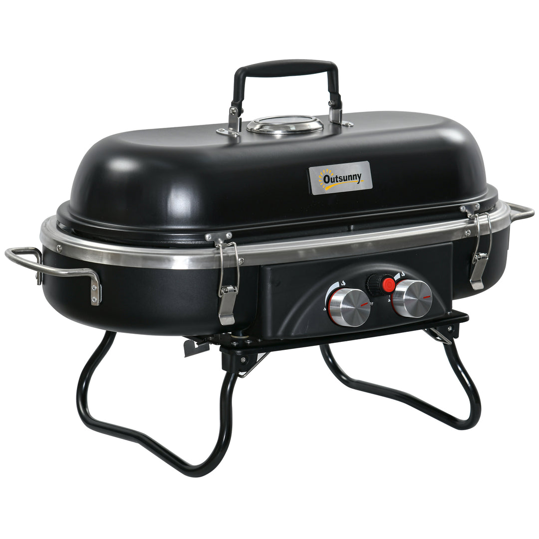 Foldable Gas BBQ Grill 2 Burner Table Top Barbecue with Lid Piezo Ignition Thermometer for Camping Picnic Cooking, Aluminium Alloy