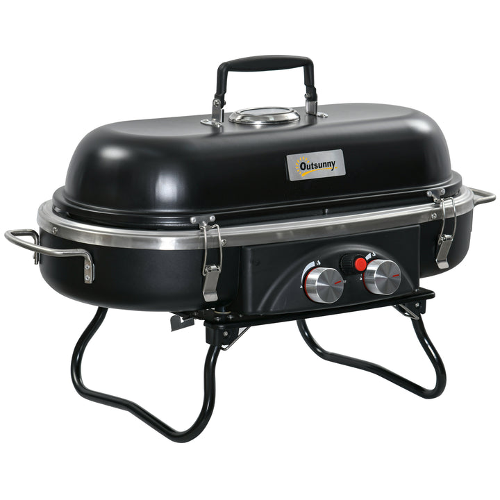 Foldable Gas BBQ Grill 2 Burner Table Top Barbecue with Lid Piezo Ignition Thermometer for Camping Picnic Cooking, Aluminium Alloy