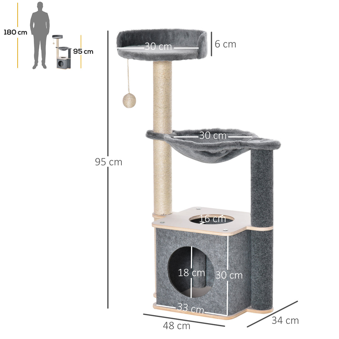 Cat Tree for Indoor Cats 95cm Climbing Tower Kitten Activity Center with Sisal Scratching Post Perch Roomy Condo Hammock Removable Felt Hanging Toy, Grey