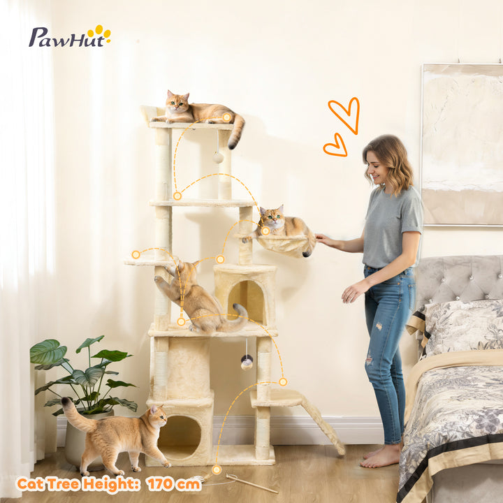 170 cm Large Cat Tree, Cat Tower with 7 Scratching Posts, Tunnel, 2 Co