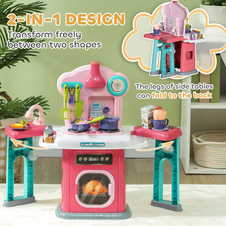 AIYAPLAY Toy Kitchen, 45 Pieces Kids Kitchen with Rotating Side Tables, Toddler Pretend Role Play Kitchen with Light, Sounds, Spray Effect for Children 3-6 Years, Pink | Aosom UK