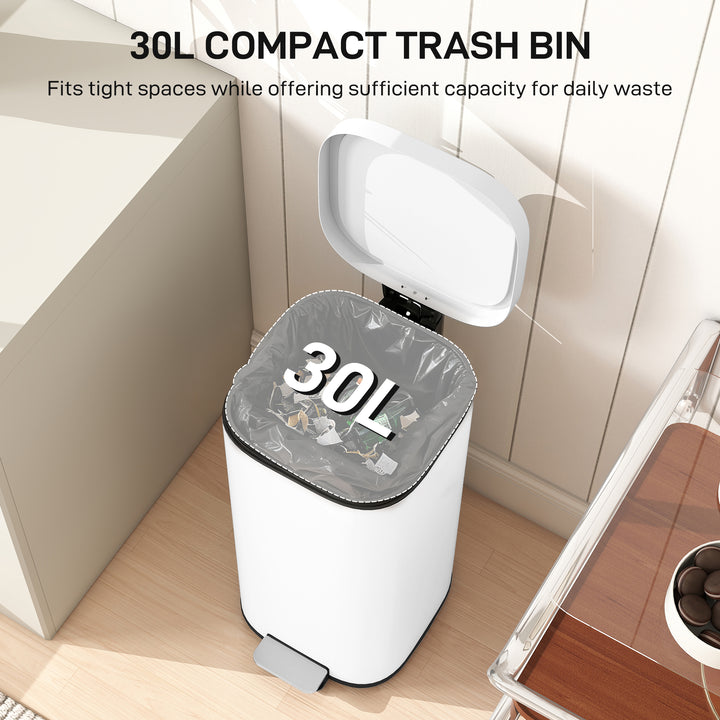 MCL 30L Kitchen Bin, Compact Pedal Bin with Soft-Close and Stay-Open Lid, Removable Bucket for Kitchen, Home, Office, White