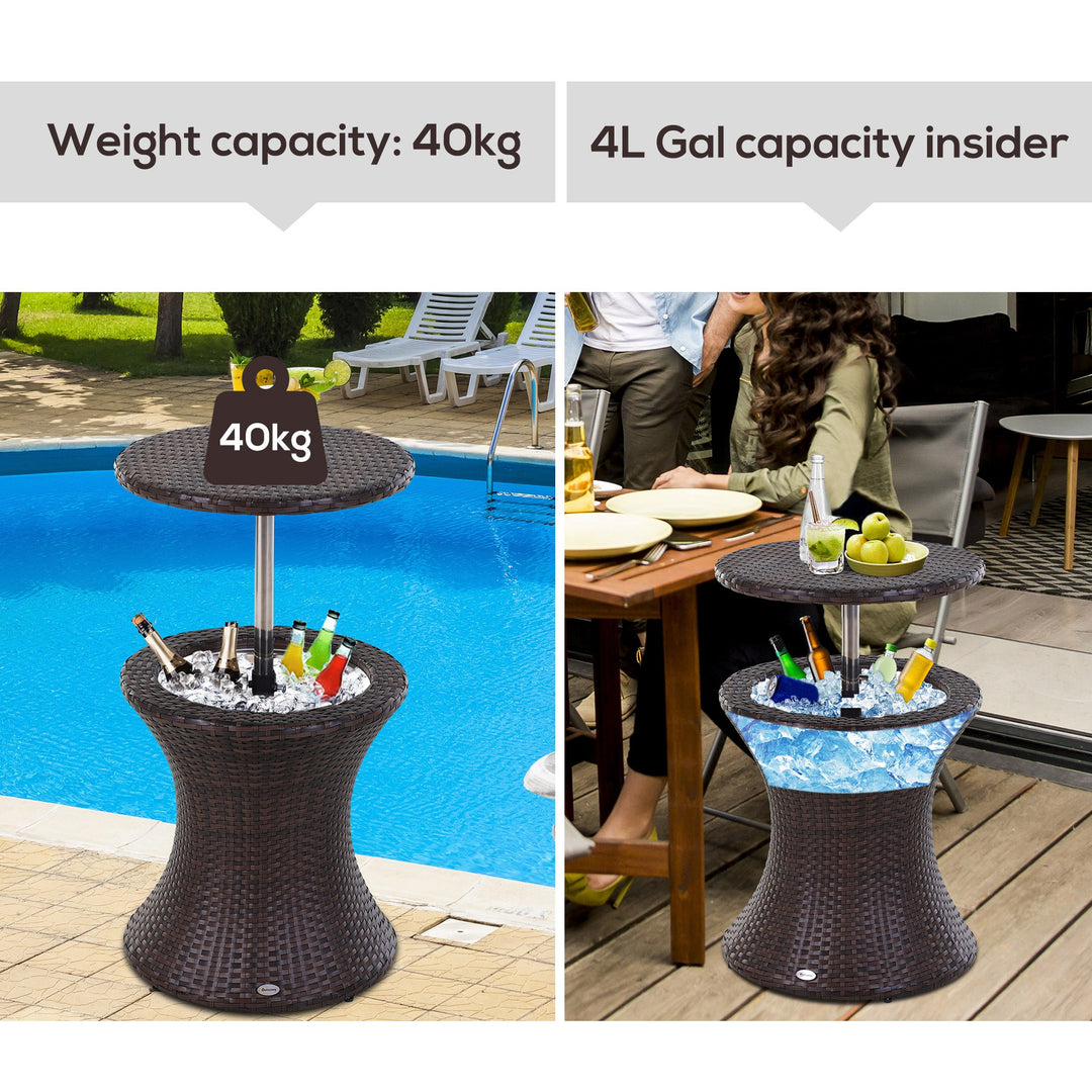 PE Rattan Ice Bucket Table, Height Adjustable Liftable Outdoor Drinks Cooler, 52 cm Round Garden Beer Cocktail Table with Lid for Bar, Patio, Terrace, Brown