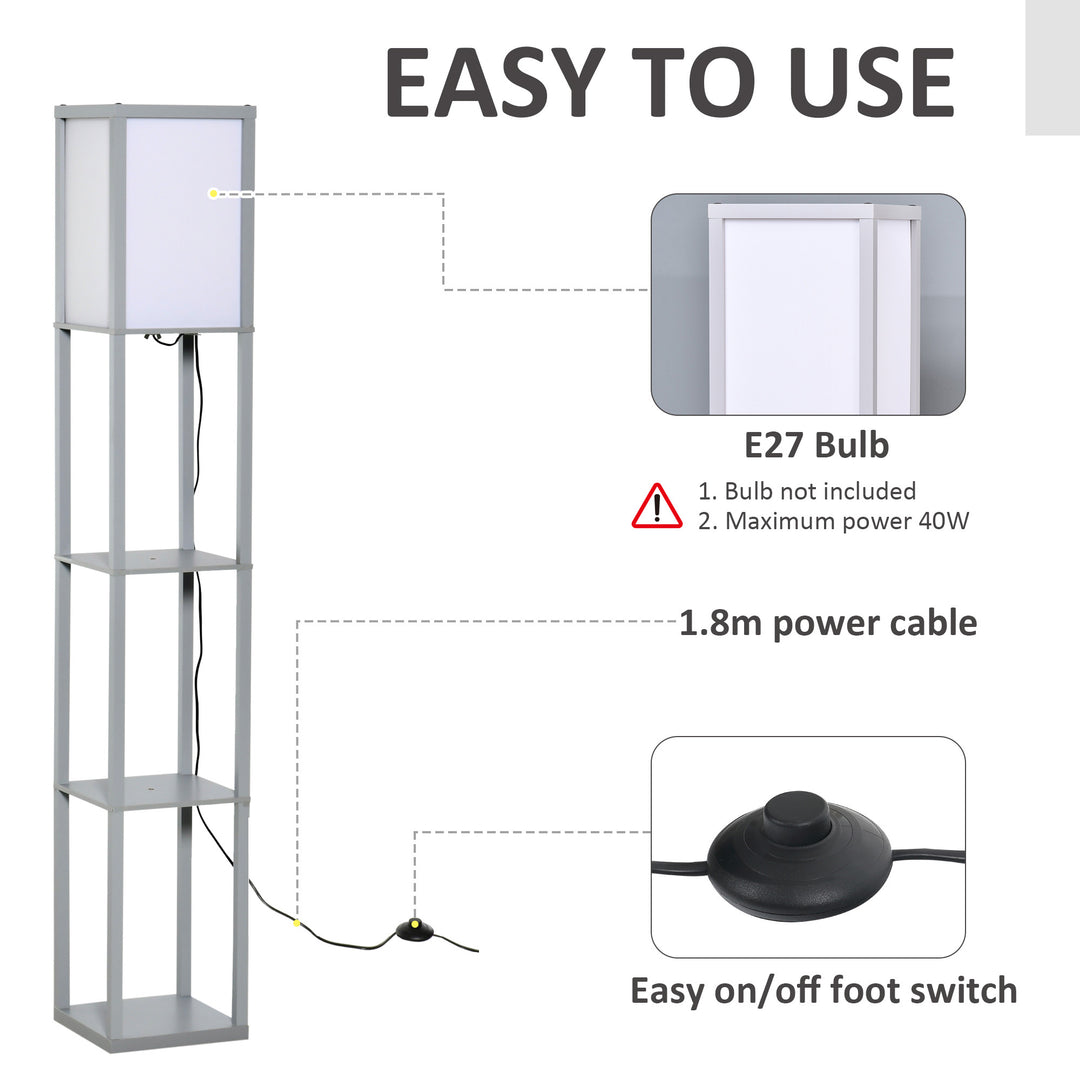 HOMCOM 3-Tier Floor Lamp, Floor Light w/ Storage Shelf, Reading Standing Lamp for Living Room, Bedroom, Office, Dorm, 160cm, Grey | Aosom UK