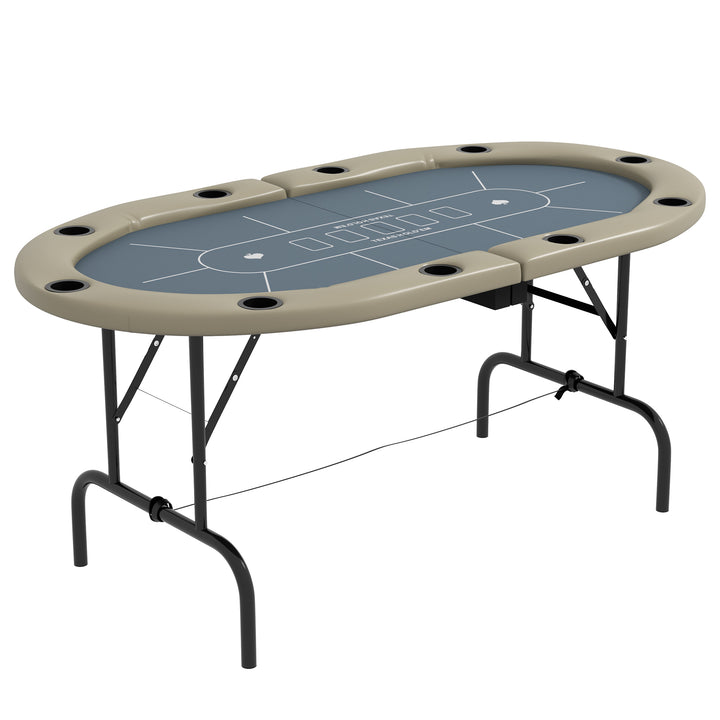 SPORTNOW 10 Player Folding Poker Table, Oval Portable Blackjack Casino Table with Cup Holders and Felt Top, 178 x 89 x 70cm, Brown and Blue