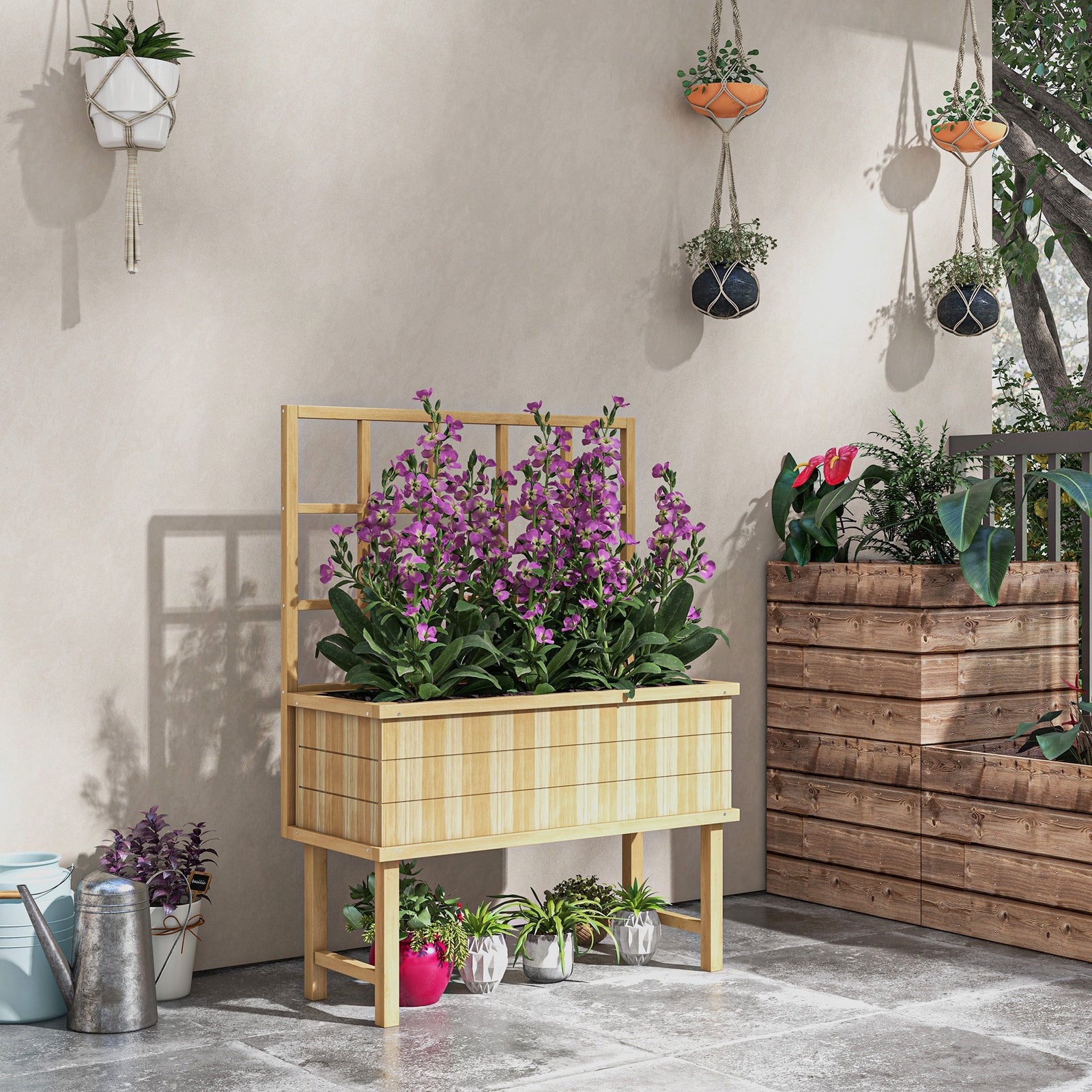 45 x 105cm Wooden Garden Planter, with Trellis - Natural