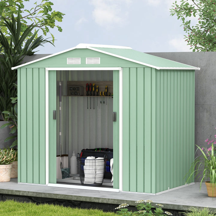 Outsunny 7ft x 4ft Lockable Garden Metal Storage Shed Large Patio Roofed Tool Storage Building Foundation Sheds Box Outdoor Furniture, Light Green